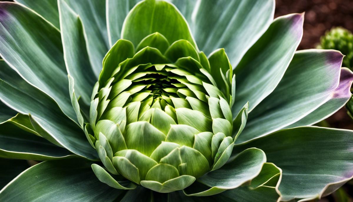 A close-up image of a healthy artichoke plant with lush green leaves.
