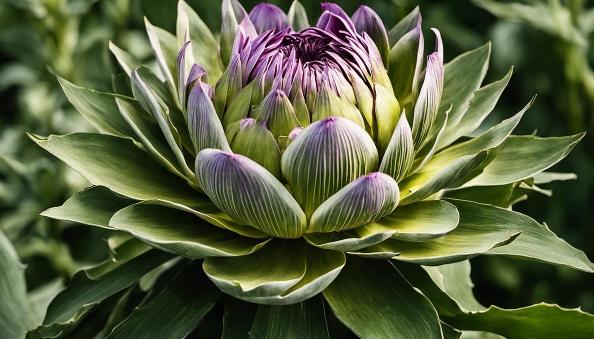 Image of an artichoke plant with a large flower head and tall stalks.
