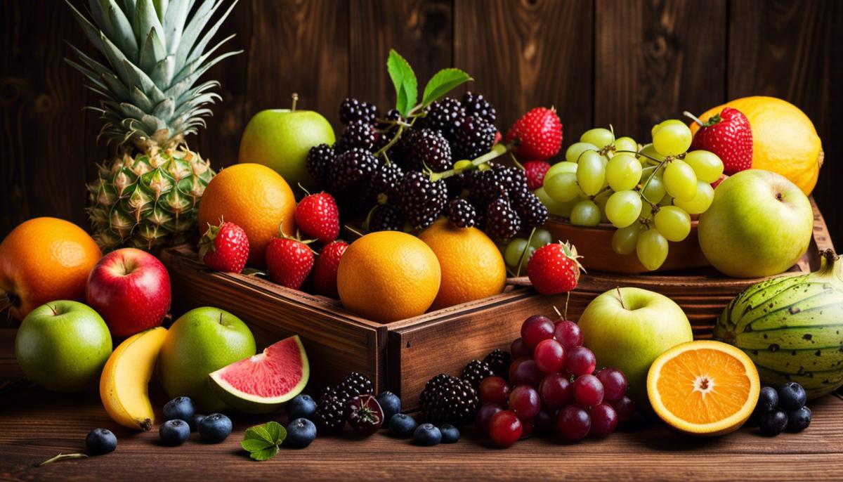 Various types of fresh fruits on a wooden table