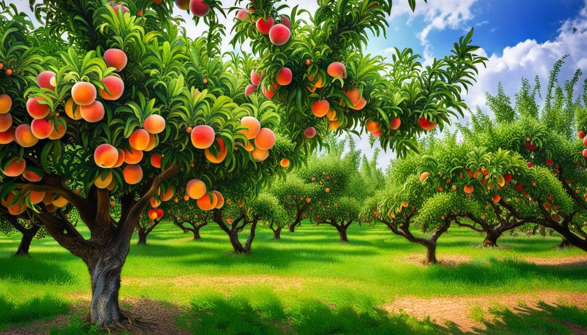Image of peach trees in Oklahoma, showcasing the beautiful fruits hanging from the branches and the lush green leaves.