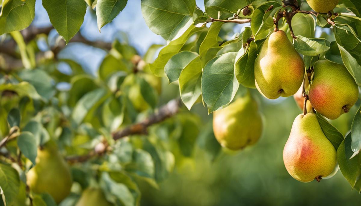 A close-up image of a healthy pear tree with ripe fruits hanging from its branches.