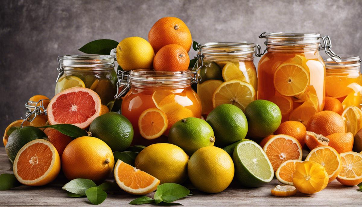Image of various citrus fruits and preservation supplies