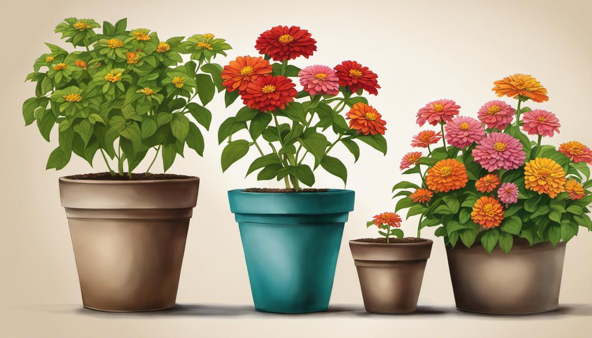 Illustration of different pot sizes for Zinnia planting, showcasing small, medium, and large pots with Zinnia plants.